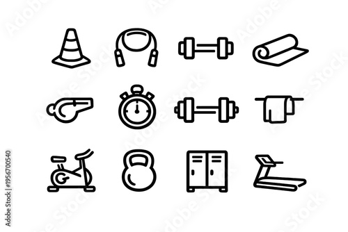 Fitness and gym equipment line icon set featuring dumbbell kettlebell treadmill stationary bike stopwatch and yoga mat for workout training
