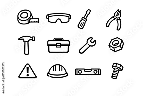 Construction and home improvement hand tool icons including hammer screwdriver wrench and safety equipment on white background