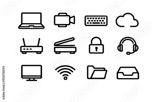 Computer and technology line icons set featuring laptop keyboard cloud router scanner padlock headset monitor wifi folder and inbox