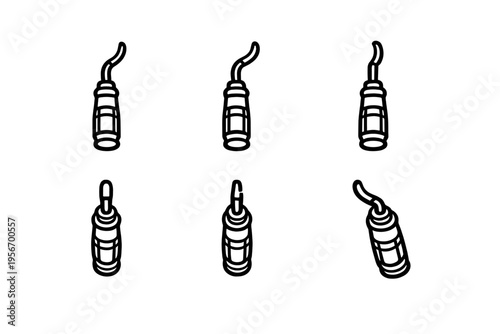Set of dental scaler icons for professional oral hygiene and dentistry equipment from various isometric angles on white background