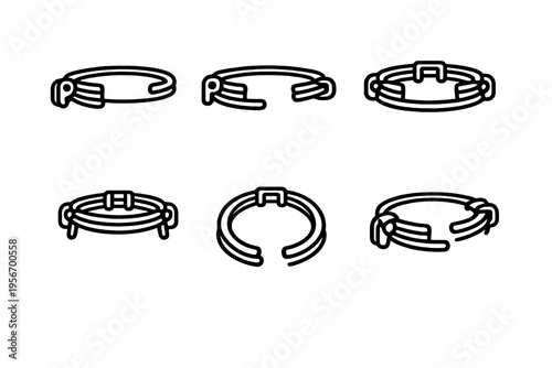 Set of industrial metal hose clamps and retaining rings for mechanical engineering and plumbing applications