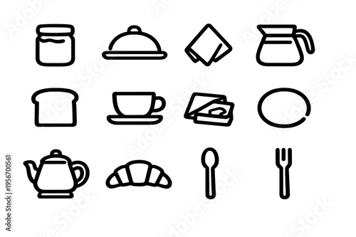 Set of breakfast and dining line icons featuring coffee pot teapot croissant bread slice spoon fork and kitchenware items