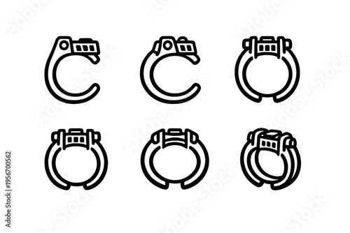 Set of futuristic mechanical ring icons with industrial design elements and technical details shown from multiple perspectives