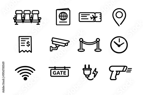 Set of airport and travel icons including passport boarding pass security camera gate sign wifi and seating for terminal navigation