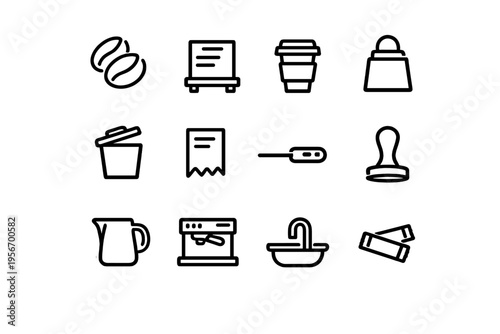 Minimalist coffee shop and cafe icon set featuring espresso machine beans cup and barista tools on white background