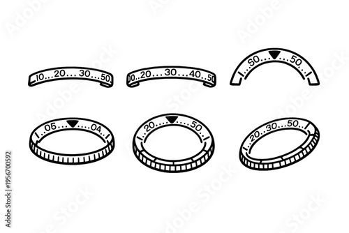 Set of black and white watch bezel icons with numeric scales for diving and timing instruments on a white background