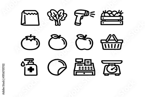 Grocery store and supermarket retail icons featuring fresh produce shopping basket cash register and weighing scale on white background
