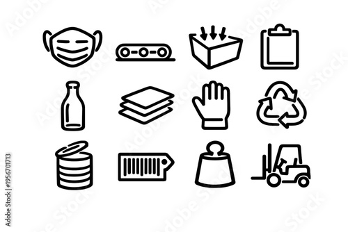 Logistics and manufacturing industry icons featuring safety equipment packaging recycling and warehouse machinery on white background