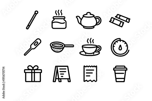 Set of cafe and tea shop line icons featuring teapot honey jar sugar packets tea strainer cup gift box and receipt on white background
