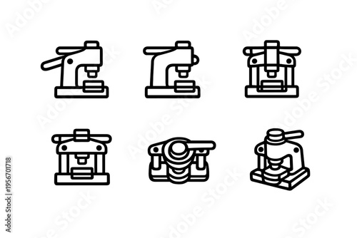 Set of manual hand press machine icons for industrial workshop and manufacturing equipment in black line art style