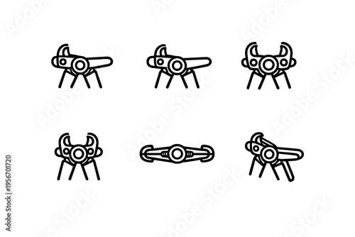 Collection of black and white line art icons depicting futuristic mechanical spider drones and robotic insects