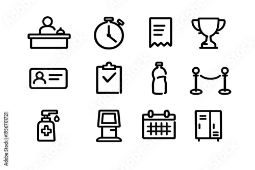 Set of black line icons for event management and facility services including reception desk stopwatch trophy and locker