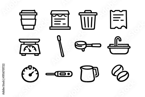 Set of coffee shop and barista equipment icons including cup scale timer thermometer beans and portafilter on white background