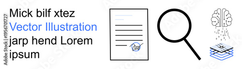 Data analysis, artificial intelligence, research tools, machine learning, document verification, digital processing. ion of a document, magnifying glass and digital brain. Document verification