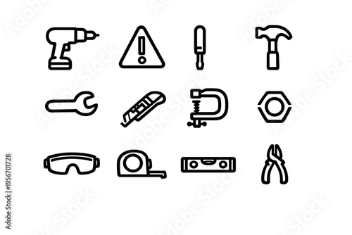 Collection of construction and home improvement hand tools icons including hammer drill wrench and safety equipment on white background