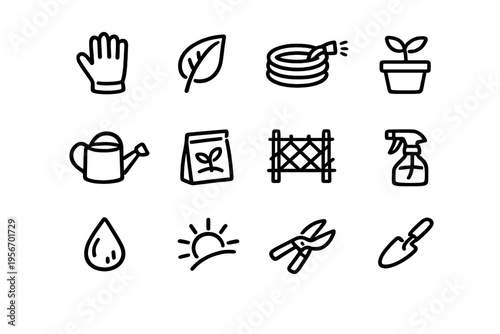 Set of gardening and horticulture line icons featuring tools like watering can trowel shears and plant care elements on white background