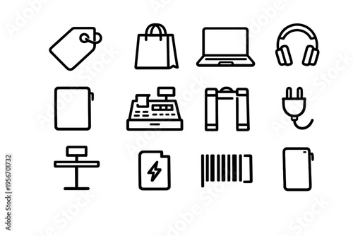 Minimalist black line icons for retail and technology including shopping bag laptop headphones cash register and barcode