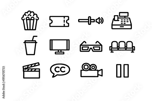 Cinema and movie theater line icon set featuring popcorn ticket clapperboard camera and 3D glasses on white background
