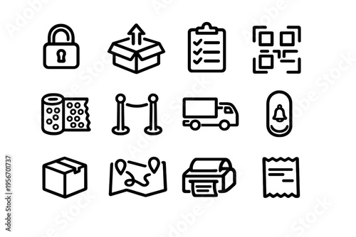 Logistics and shipping line icon set featuring delivery truck warehouse storage and package tracking symbols