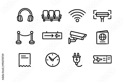 Airport and travel icons including passport boarding pass security camera wifi symbol and seating area on white background