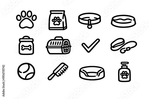 Pet care and animal supplies icon set featuring food bowl collar leash carrier bed and grooming accessories on white background