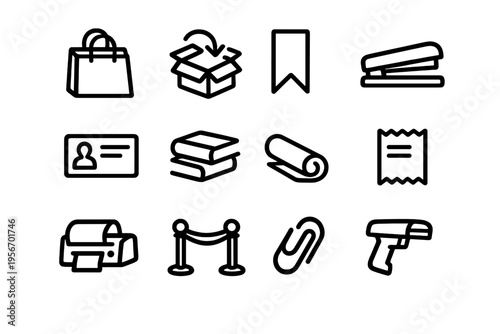 Minimalist black and white line icons for supplies retail and logistics including shopping bag stapler printer and barcode scanner