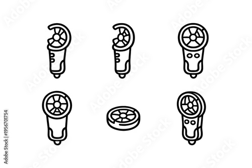 Handheld digital anemometer icons set for wind speed measurement and meteorological data tracking in various isometric and flat views