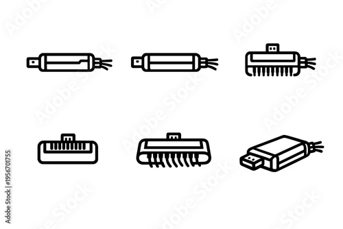 Set of electronic hardware icons showing USB flash drives and data storage connectors with wiring on white background