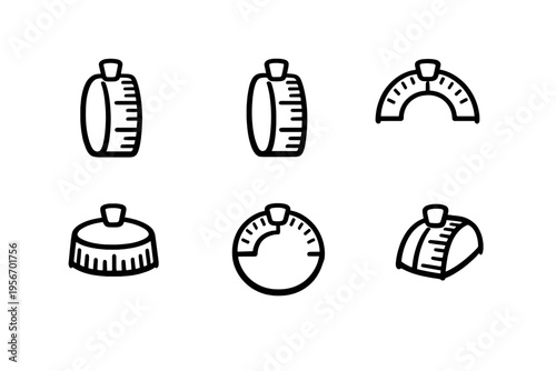 Set of black and white line icons representing kitchen timers and measuring dials for cooking and time management