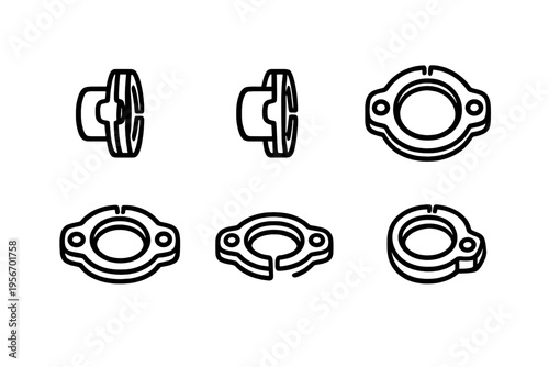 Set of industrial pipe flange icons and mechanical ring fittings for plumbing and engineering design projects