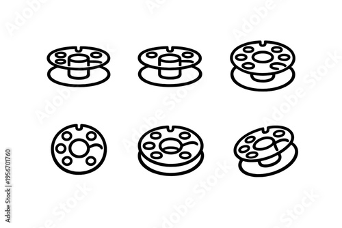 Set of sewing machine bobbin icons in various angles for tailoring and dressmaking projects isolated on white background