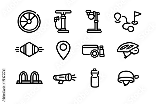 Set of cycling equipment and bicycle maintenance icons including pump helmet wheel rack and water bottle on white background