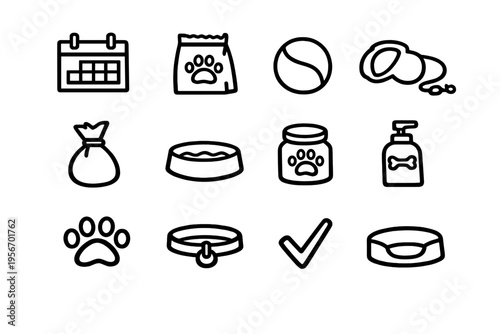 Pet care and animal supplies line icon set featuring food bowl collar leash and grooming products for domestic dogs and cats