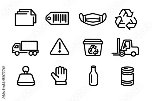 Logistics and recycling line icons set featuring delivery truck forklift recycling bin face mask and warning signs for industrial use