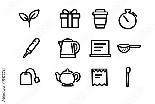 Minimalist black line icons set featuring tea bag teapot kettle leaves gift box stopwatch thermometer and kitchen tools on white background