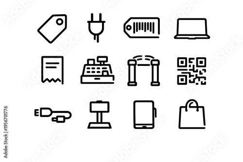 Set of retail and e-commerce line icons including cash register barcode price tag shopping bag and electronic devices on white background