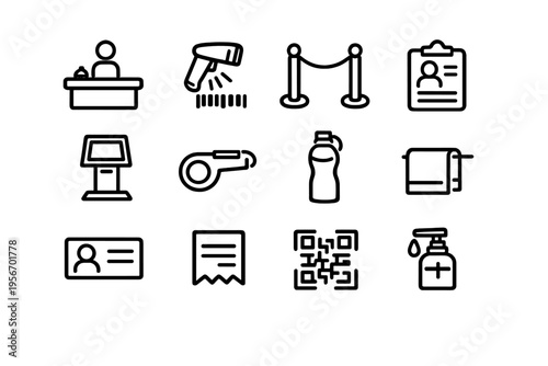 Set of minimalist line icons for gym reception and fitness facility management including barcode scanner and hand sanitizer
