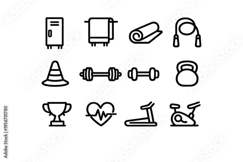 Fitness and gym equipment line icon set featuring dumbbell barbell kettlebell treadmill stationary bike and yoga mat on white background