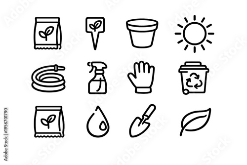 Collection of gardening and horticulture line icons including tools and supplies for planting and yard maintenance on white background
