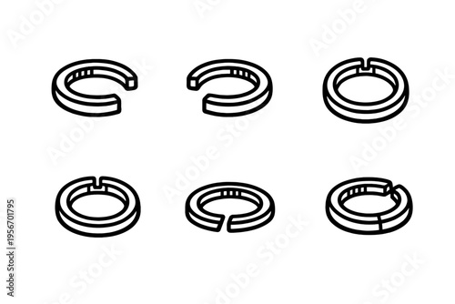 Set of isometric mechanical retaining rings and circlips for industrial engineering and machinery assembly components