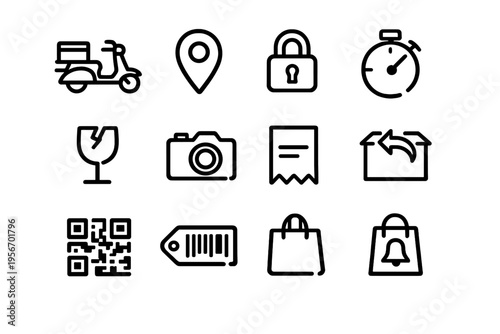 Set of delivery and e-commerce line icons featuring scooter location pin padlock stopwatch fragile glass camera receipt return box and bag