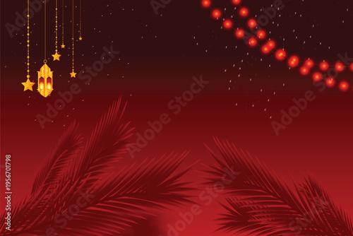 Red background with hanging gold stars and lanterns, palm fronds, and string lights.