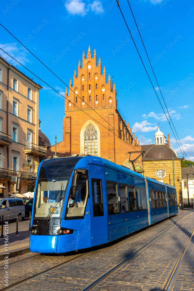 Fototapeta premium Modern tram in the city center of Krakow, Poland