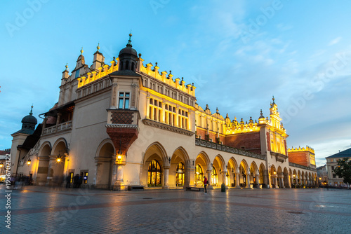 The Cloth Hall building at night in Krakow, Poland
