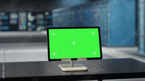Isolated screen tablet used to do yearly checkup to prolong data center electronics life span and avoid downtime. Mockup device in server farm monitoring infrastructure rigs, preventing crashes