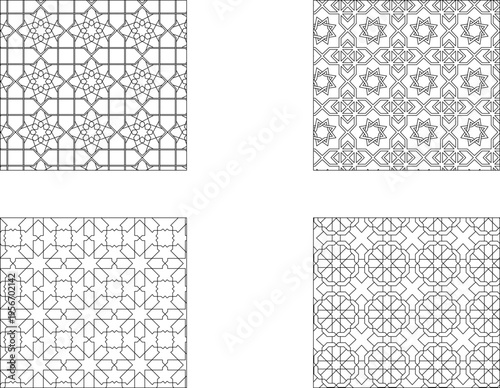 Technical architectural drawings showing four traditional Islamic geometric patterns with repeating star motifs, polygons and interlacing designs for decorative screens.