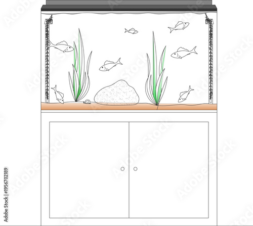 Technical elevation drawing showing aquarium or fish tank with aquatic plants, rocks, fish, filtration system and cabinet stand below.