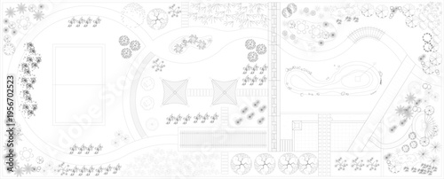 Technical landscape plan view showing comprehensive garden design with trees, shrubs, pathways, water features, patios, structures and various planting areas.