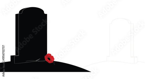 Black Gravestone with Red Poppy Flower Vector Illustration for Remembrance Day and Memorial Concepts
