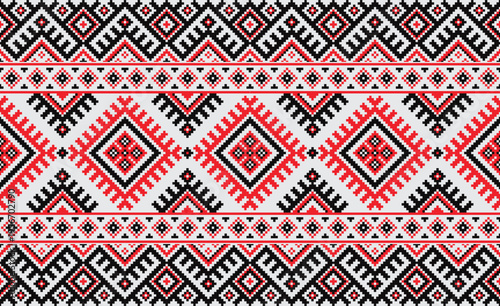 Elegant Slavic Embroidery Border Vector Red and Black Geometric Star Ornament, Traditional Pixel Art Ribbon Pattern. A sophisticated horizontal vector border This pixel-art design showcases a sequence